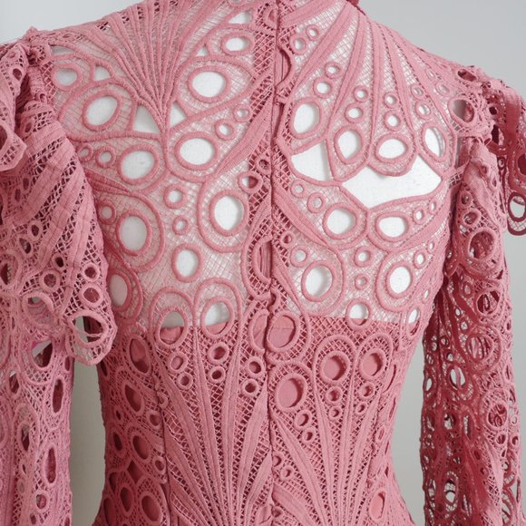 L'ATISTE Dusty Rose Pink Lace Eyelet Ruffle MockNeck Victorian French Boho Dress - Picture 11 of 16